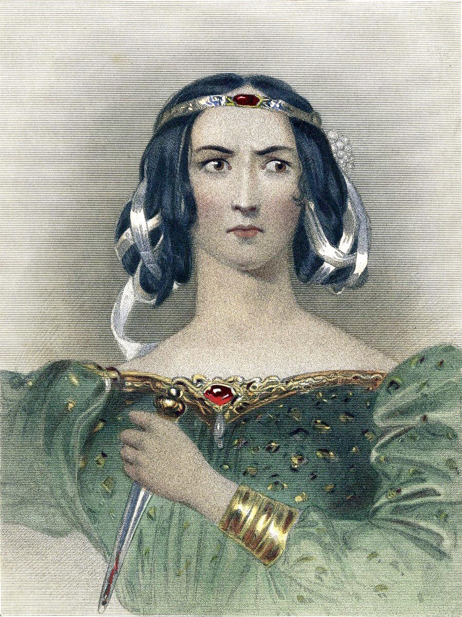 Vintage illustration of Lady Macbeth dressed in green, poised with a sword, showcasing strength and elegance.